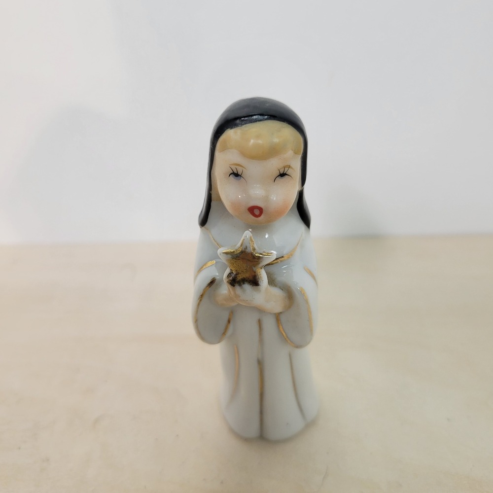 Vintage Porcelain Nun Figurine Holding Star, Japan Religious Decor‎